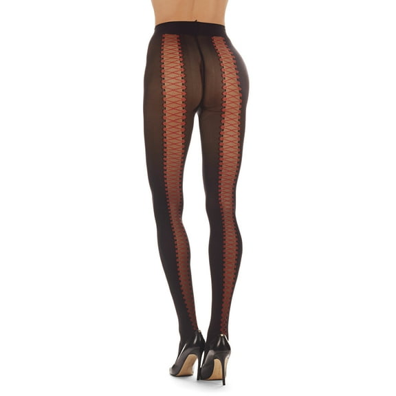 LoveMoi Women's Lace Me Up Backseam 60 Denier Opaque Tight - Womens - Female (M-L, Black-Red)