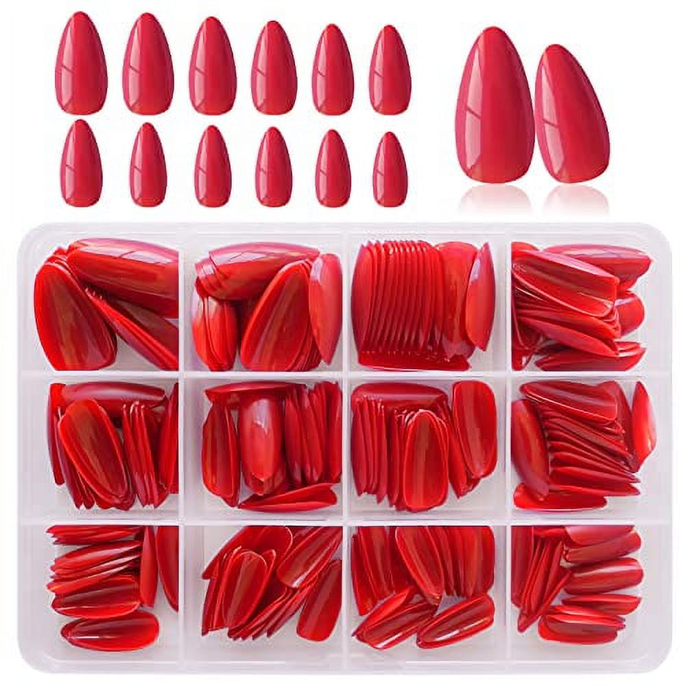LoveOurHome 240pc Christmas Red Press on Nails Medium Almond Fake Nail Tips Full Cover Acrylic