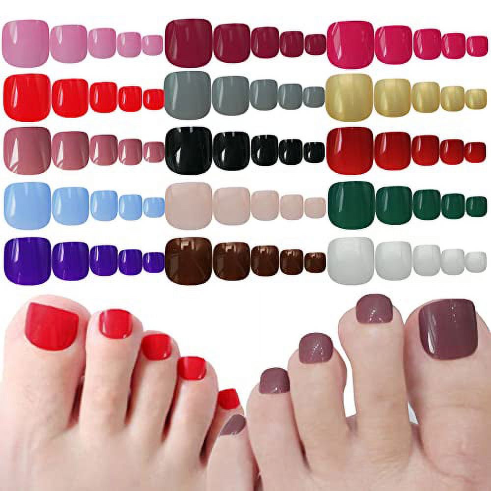 LoveOurHome 360pc Short Square Press on Toe Nails Colored Glossy Fake