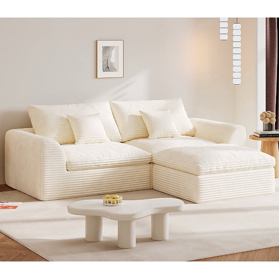 YVDNHP L Shaped Couch Boneless Modular Sectional Sofa, Comfy Flannel Fabric 2-Seater Deep Seat Cloud Sofa with Footrest, for Living Room, Apartment, Office, No Assembly Required,White