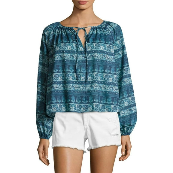 LoveShackFancy Women's Cotton Printed Peasant Blouse Large Blue Multi