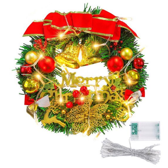 Lovebay 12 Inch Artificial Christmas Hanging Wreath Xmas Garland Wreath Ornaments with LED Lights for Indoor Outdoor House Wall Decor