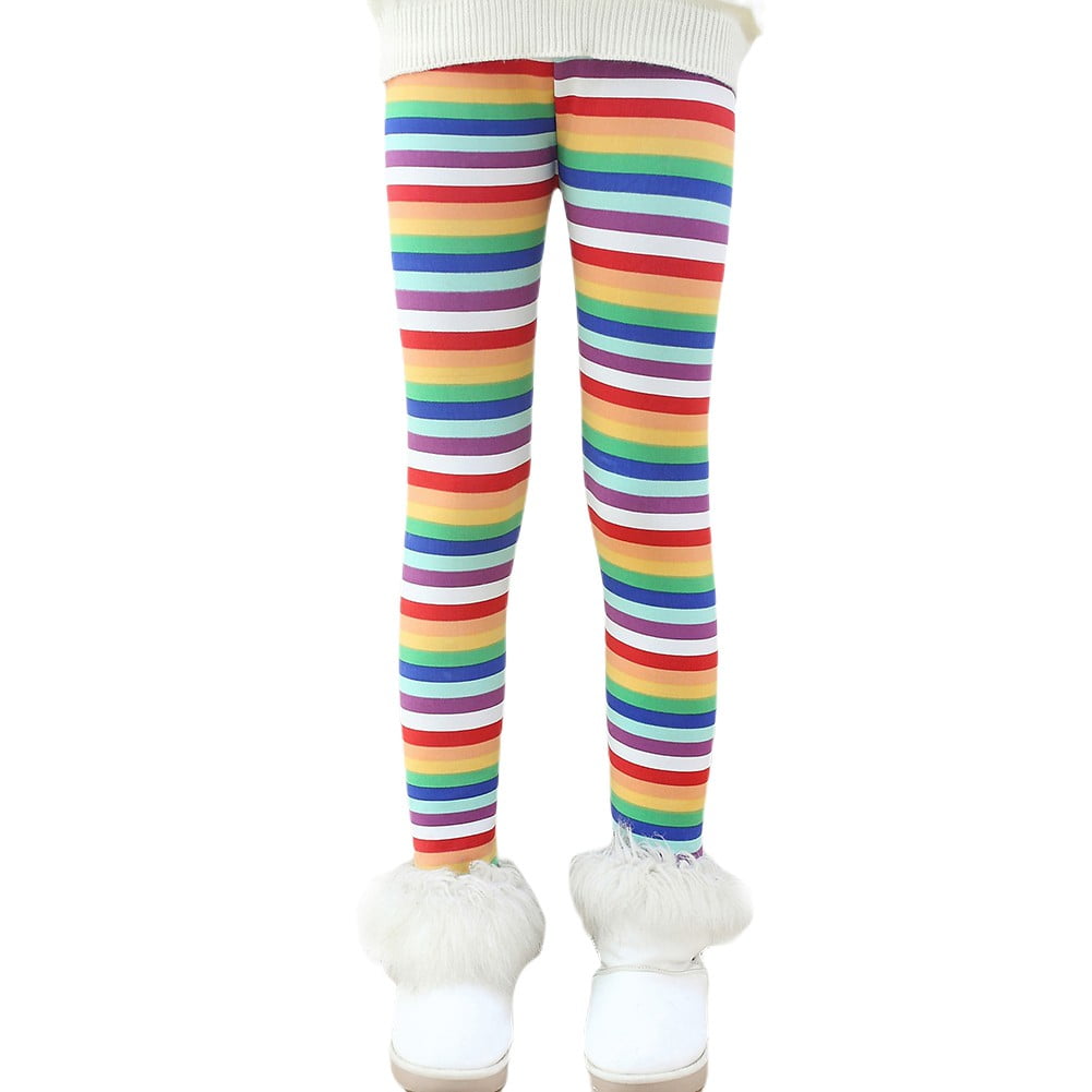Girls Warm Thick Cotton Striped Leggings Kids Fleece Lined Elastic Pants  FR7777