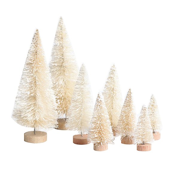 Lovebay 8 Pieces Mini Sisal Snow Frost Trees Mini Pine with Wood Base Bottle Brush Trees Plastic Winter Snow Ornaments Tabletop Trees for Christmas Decoration and Display Beige