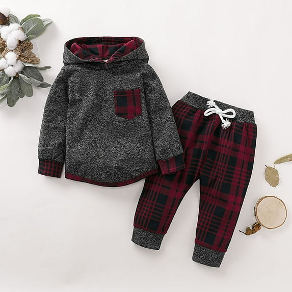 Lovebay Baby Boys 2Pcs Autumn Plaid Outfit Sets Long-sleeved Hoodie Sweatshirt Sweatpants for Infant Toddler Kids,12-18 Months
