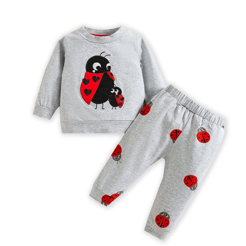 Lovebay Infant Baby Boy Girl Ruffle Cartoon Beatle Sweatshirt Sweatpants Outfits Tracksuit Set 9 12 Months