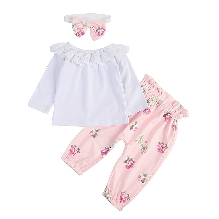 Lov Infant Baby Girl Outfits Set Ruffled Tops T Shirt + Flowers Pants +  Headband 3Pcs Set 