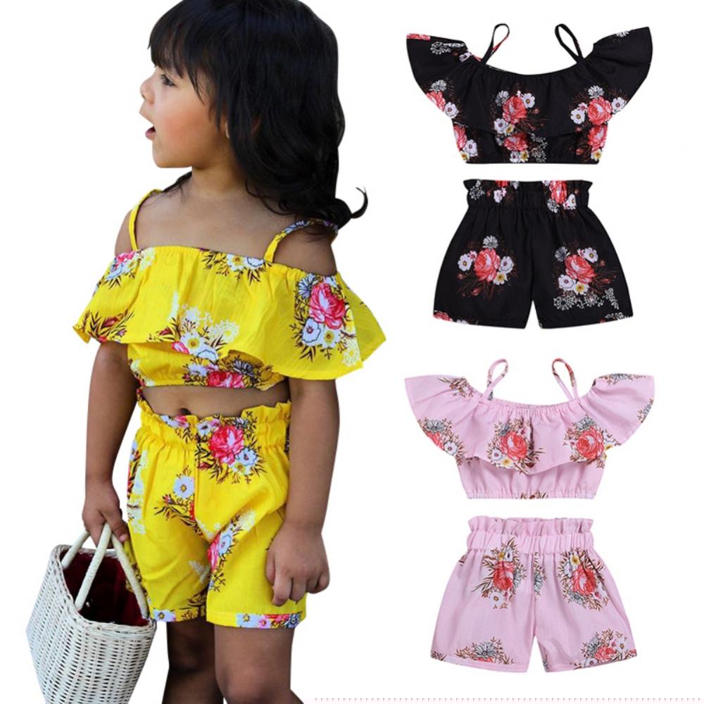 Lovebay Kids Baby Girls Outfits Floral Ruffle Strap Crop Tops+Shorts Set Toddler Summer Clothes 1-6 Years