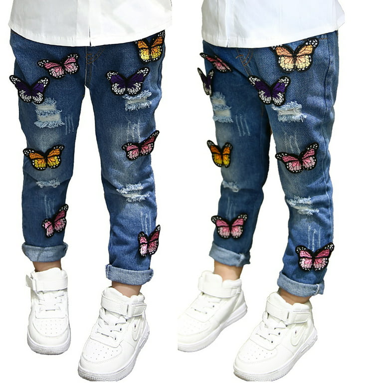 Lovebay Kids Baby Girls Stretch Jeans Cartoon Butterfly Hole Ripped Trouser  Bottoms Floral Denim Long Pants