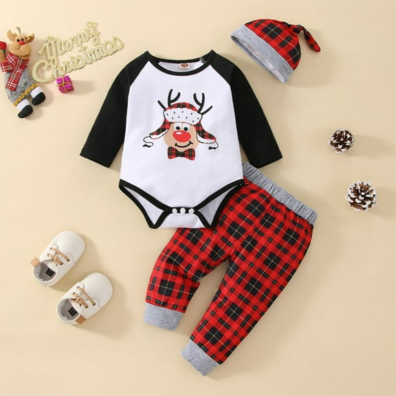 Lovebay Newborn Baby Boys Long Sleeve Romper Plaid Pants Hat Christmas 3PCS Outfits