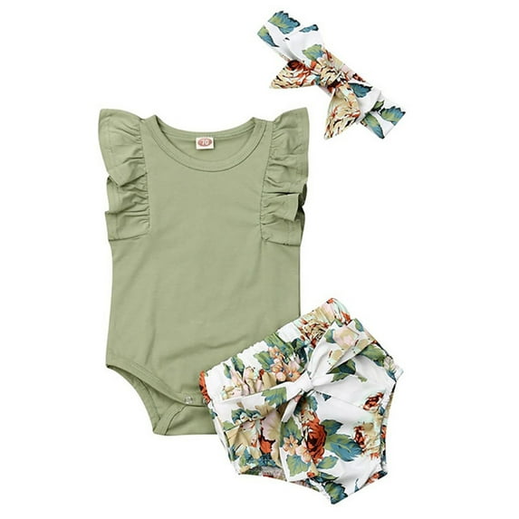 Lovebay Newborn Baby Girls Green Romper Floral Shorts Headband Outfits Set 0-18 Months