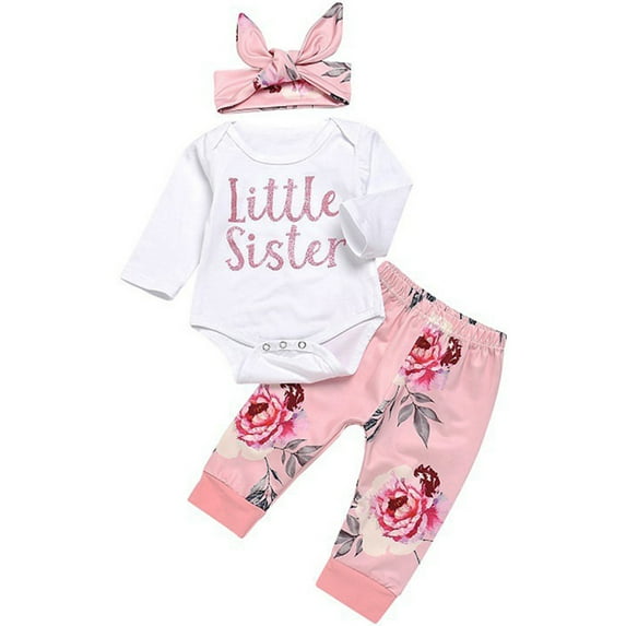 Lovebay Newborn Baby Girls Little Sister Romper Floral Pants Headband Outfits Set 0-18 Months