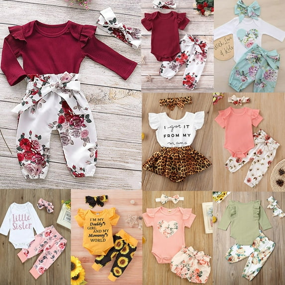 Lovebay Newborn Baby Girls Solid Romper Floral Pants Headband Outfits Set 0-3 Months