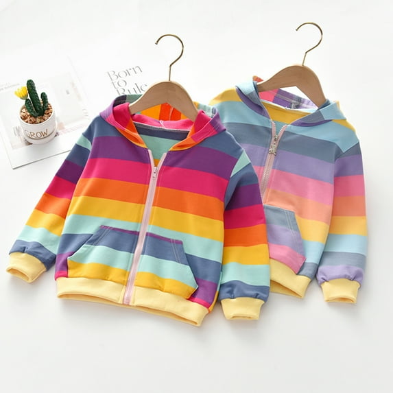 Lovebay Toddler Kid Girl Rainbow Striped Hooded Jacket Coat Zip Hoodie Outerwear Outfit 2-6T