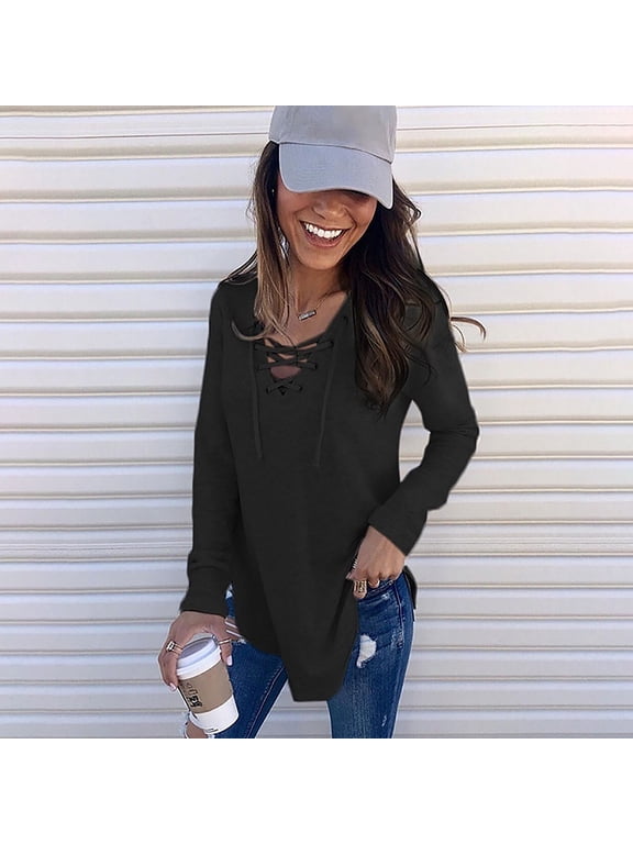 Lovebay Women's Long Sleeve V-Neck T-Shirt Tunic Tops Criss Cross Casual Blouse Shirts Black M