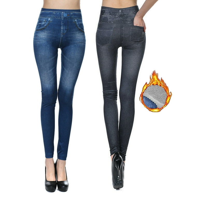 Lov Women's Tummy Control Denim Fake Jeans Seamless Fleece Lined Full  Length Leggings with Pockets Black 3XL