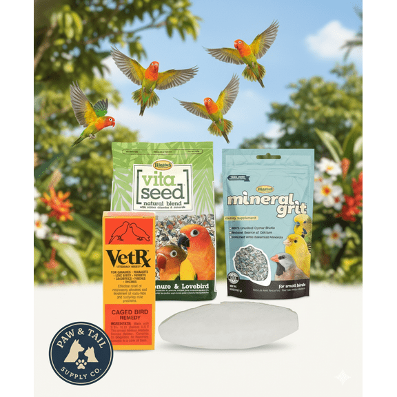 Lovebird Care Bundle 6 Cuttlebone, Mineral Grit, VetRx & Lovebird Food Small Birds