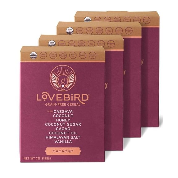 Lovebird Gluten Free Cereal - Organic Grain Free Cereals Paleo AIP Dairy Free Keto Friendly No Refined Sugar Healthy Snacks for Kids, Adults (Cacao, 4 Pack)