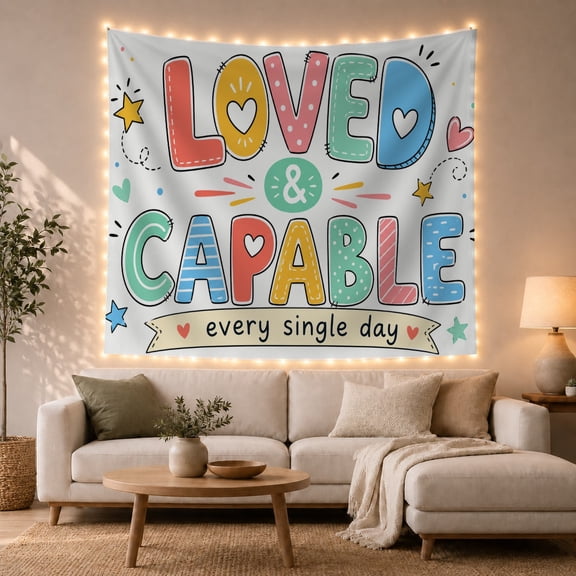 Loved & Capable Affirmation in Colorful Hearts and Stars, Playful Illustration for Kids, Positive Wall Art, Back to School Gift, Tapestry Wall Hanging for Bedroom and Den