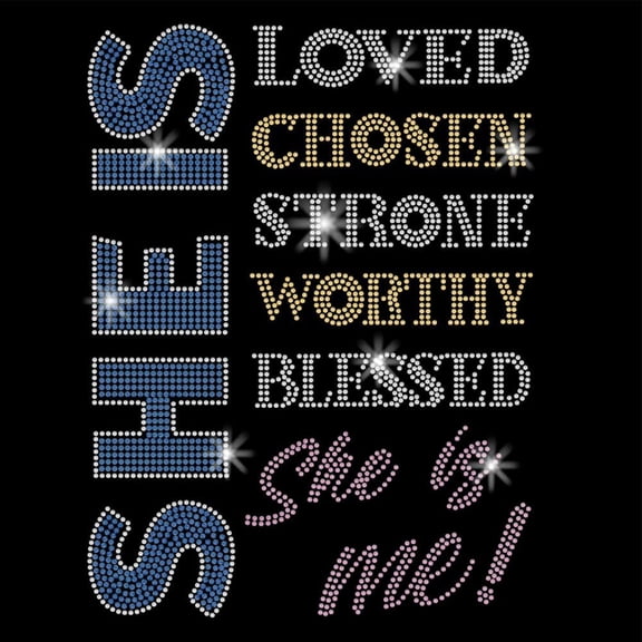 She is Loved Crystal Rhinestone Iron on Transfer Applique DIY Transfer Decal Text Glitter Rhinestone Pattern Decoration for T-Shirt Bag Pillows Jackets 29.7x21CM
