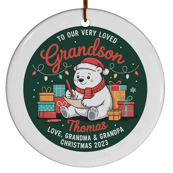 to Our Very Loved Grandson Polar Bear Christmas Ornament 2025, Customized Text Name Grandson Christmas Ornament Gift from Grandparents Grandma Grandpa