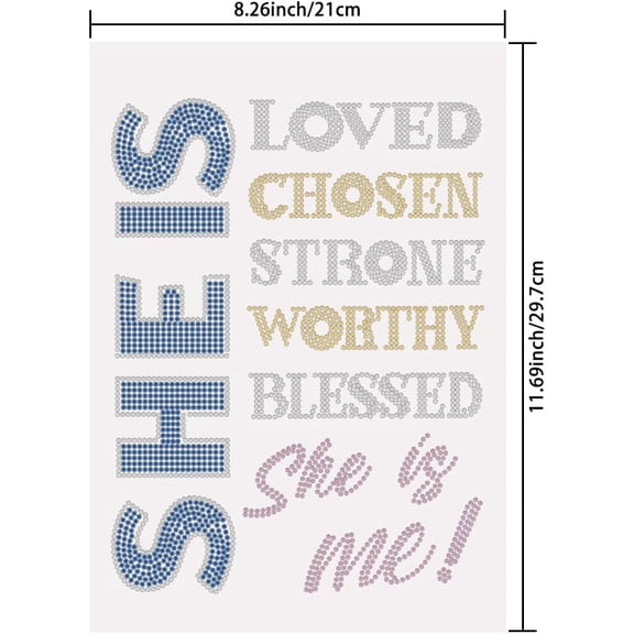 She is Loved Heat Transfer Rhinestones Applique DIY Iron On Transfers Decal for Clothing Motivational Text Rhinestone Decoration for Girl's T-Shirt Bag Pillows Jackets 11.7x8.3in