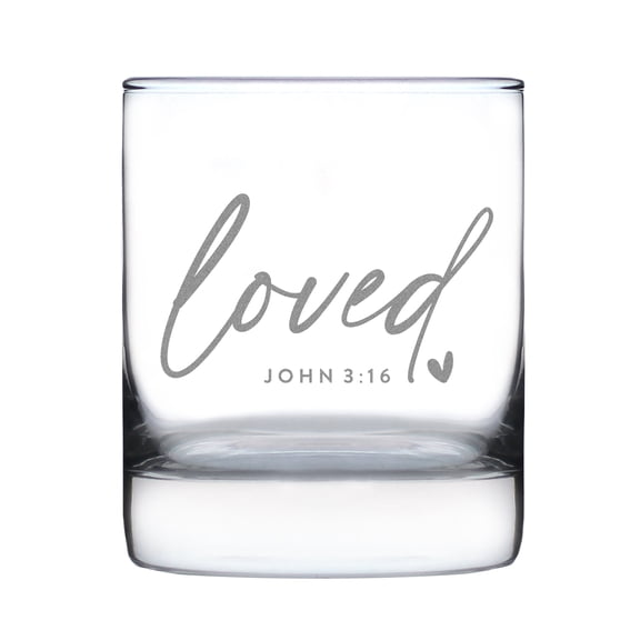 Loved John 3 16 10oz Rocks Glass, Hand Engraved , Christian Personalized Etched Bible Verse Whisky Glass