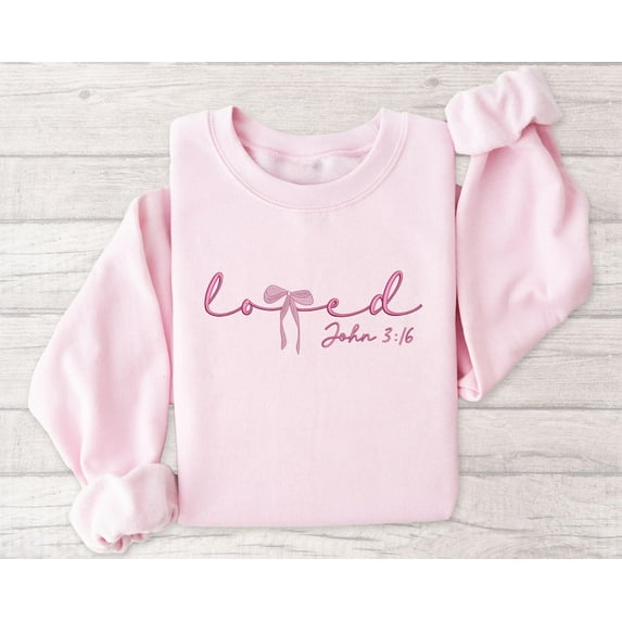 Loved John 3:16 Christian Embroidered Sweatshirt, Bible Verse Faith Hoodie, Religious Cute Bow Pullover for Women