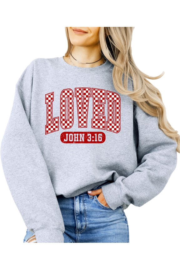 Loved John 3:16 Red Checkered Valentines Sweatshirt for Women Youth and Toddler Girls Gray Sweatshirt Adult Large