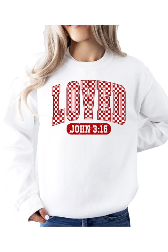 Loved John 3:16 Red Checkered Valentines Sweatshirt for Women Youth and Toddler Girls White Sweatshirt Adult Medium