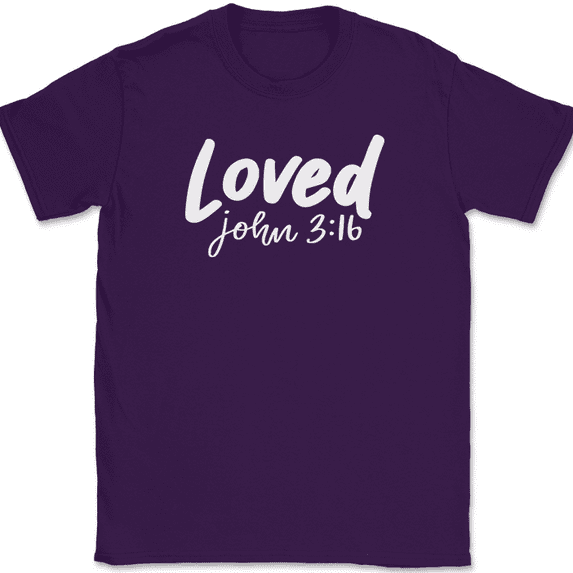 Loved John 3 16 T-Shirt Christian Jesus Praise Worship God Faith Text Tee - Purple, 2XL
