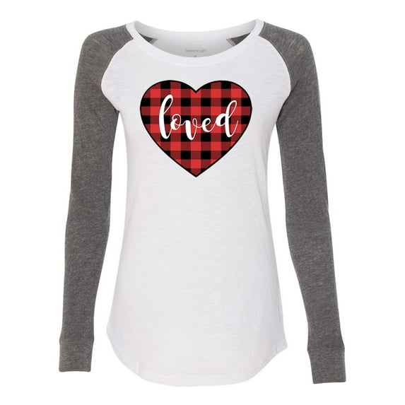 Loved Plaid Valentine's Day Women's Patch Raglan Long Sleeve T-Shirt-White/Granite-medium
