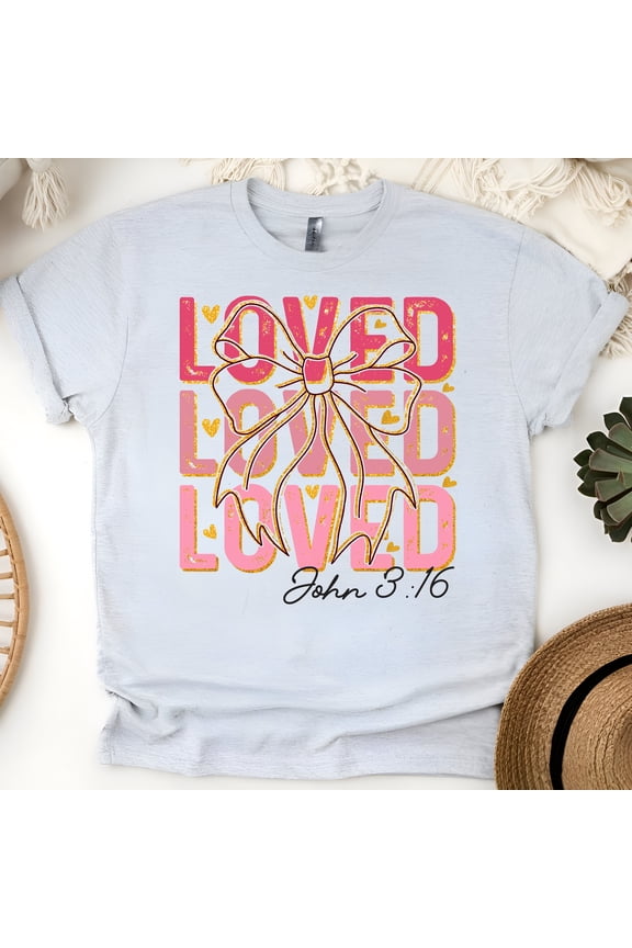 Loved Shirt for Women - John 3:16 Scripture Tee with Pink Bow Design, Ash, Size M
