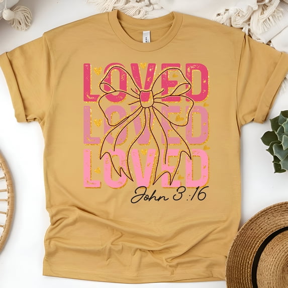 Loved Shirt for Women - John 3:16 Scripture Tee with Pink Bow Design, Gold, Size 2XL