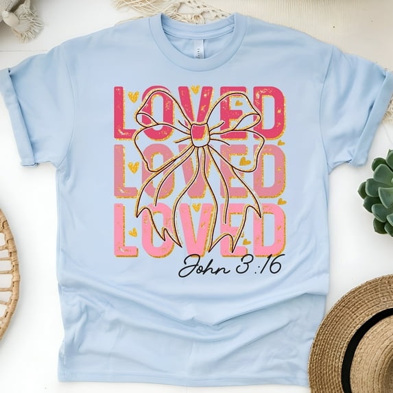 Loved Shirt for Women - John 3:16 Scripture Tee with Pink Bow Design, Light Blue, Size 5XL