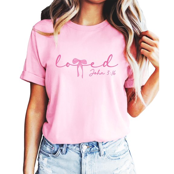 Loved Valentine's Day Shirt for Women Teens and Girls Pink Bow Christian Graphic Tee Pink Shirt Adult 2XL