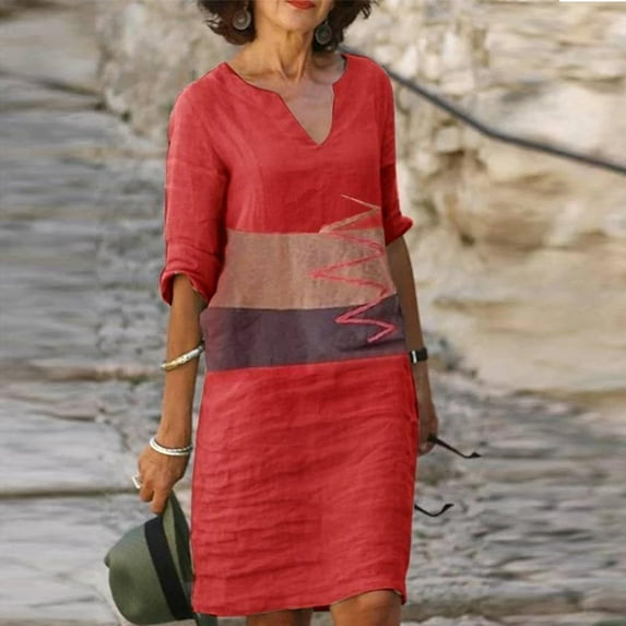 Lovedock Red V Neck Fashion Printed Mid Sleeve Dress, (Women's )