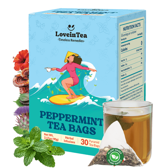 LoveinTea Peppermint Herbal Tea Bags, Caffeine-Free, 100% Natural Vietnamese Peppermint Blend, Plant-Based Pyramid Bags, 30 Count