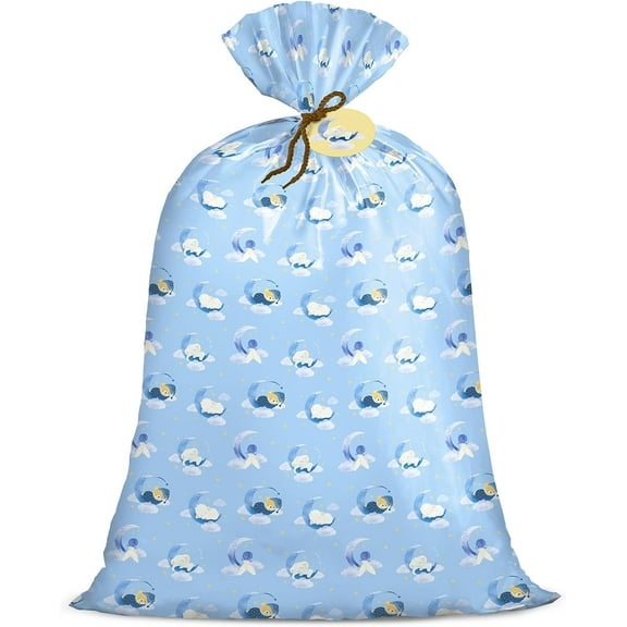 Loveinside Jumbo Large Plastic Gift Bag, Baby Boy Design Plastic Bag with Tag and Tie for Birthday, Baby Shower - 56" x 36", 1 Pcs - Blue Sleepy Bear