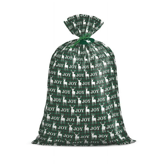 Loveinside Jumbo Large Plastic Gift Bag, Christmas Design Plastic Bag with Tag and Tie for Holiday - 56" x 36", 1 Pcs - Green Reindeer