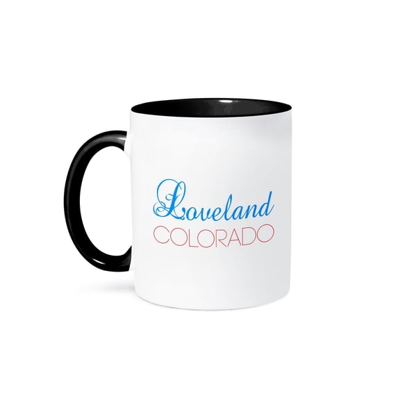 3drose, Loveland, Colorado Blue and Red Text. Home Town Patriot Design, 15oz Two-tone Black Mug