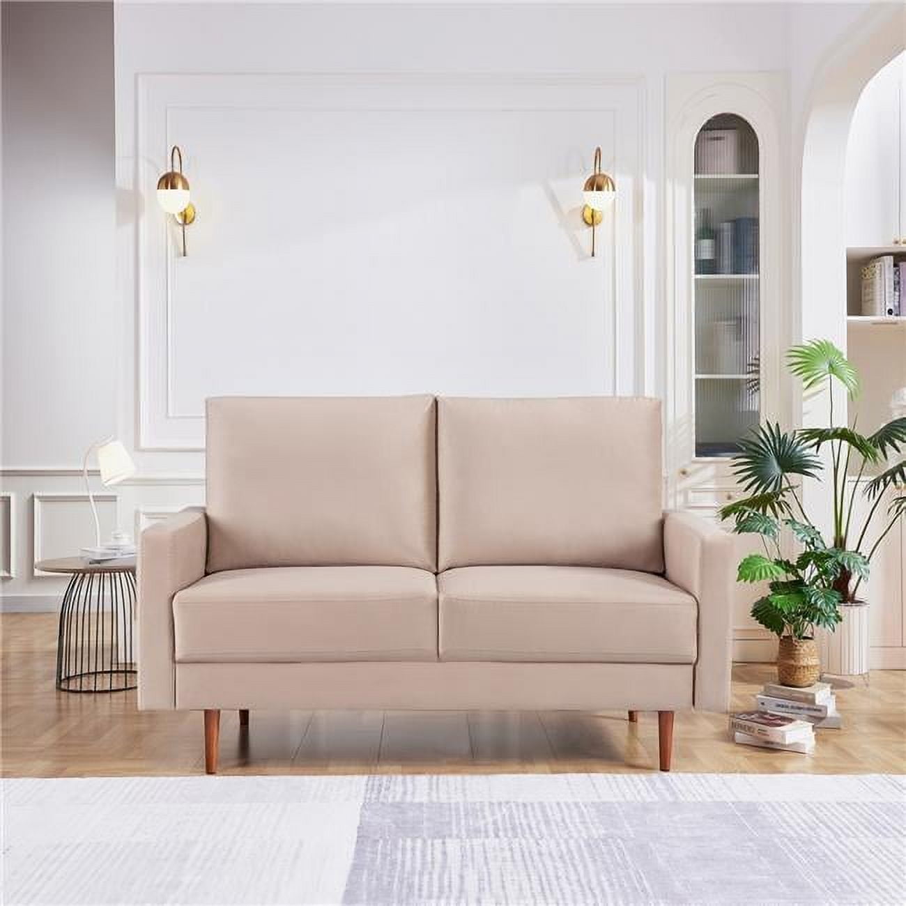 Lovelock 57" Mid-Century Modern Sofa Couch, Velvety Smooth Upholstered Loveseat with Wooden Legs, Suitable for Apartment, Dorm, Bedroom, Biege