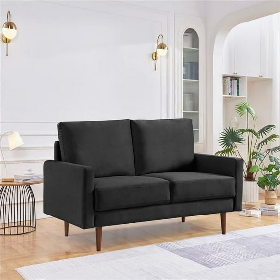 Lovelock 57" Mid-Century Modern Sofa Couch, Velvety Smooth Upholstered Loveseat with Wooden Legs, Suitable for Apartment, Dorm, Bedroom, Black