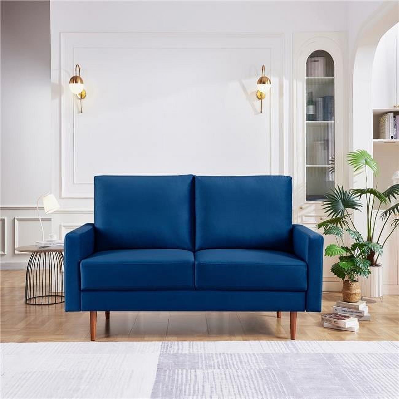 Lovelock 57" Mid-Century Modern Sofa Couch, Velvety Smooth Upholstered Loveseat with Wooden Legs, Suitable for Apartment, Dorm, Bedroom, Blue