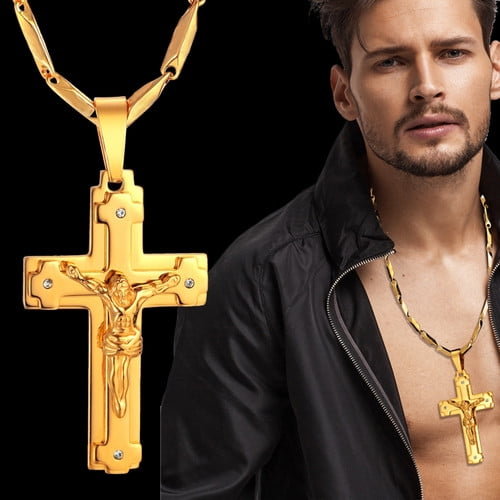 Men's Cross Tubular Catholic Crucifix Necklace in 10K Gold