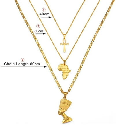 Lovelords 3pcs Africa Map Cross Nefertiti Pendant Necklace Set For Women Men 14k Yellow Gold Set Necklace Egyptian Jewelry
