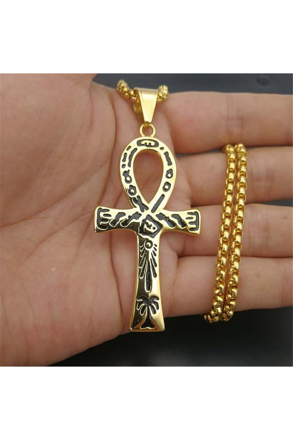 Lovelords Fashion Ancient Egyptian Ankh Cross Necklace For Men Women 14k Yellow Gold Biker Pendant Amulet Jewelry Gift