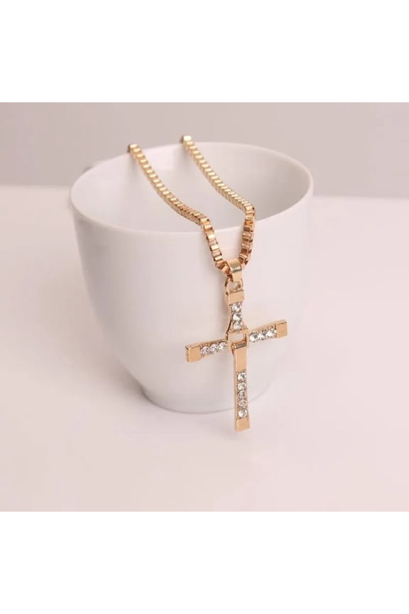 Lovelords Fast and Furious Movies Actor Dominic Toretto Rhinestone Cross Crystal Pendant 14K Yellow Gold Chain Necklace Men Jewelry Clavicle Necklaces