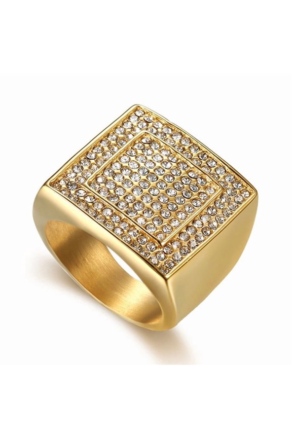 Hip Hop Men's Iced Out Cubic Zirconia Large Square Rings 14K Yellow Gold Big CZ Cool Male Ring Party Jewelry