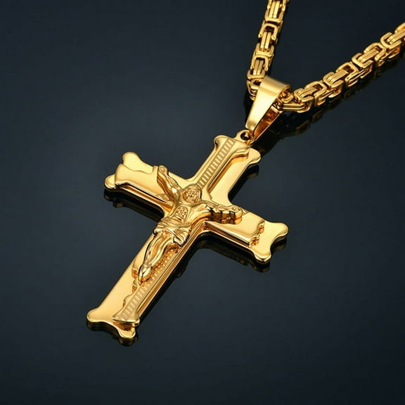 Lovelords Luxury Charm Religious Jesus Cross Necklace For Men Fashion 14K Yellow Gold Hip Hop Cool Pendent with Chain Necklace Jewelry Gifts